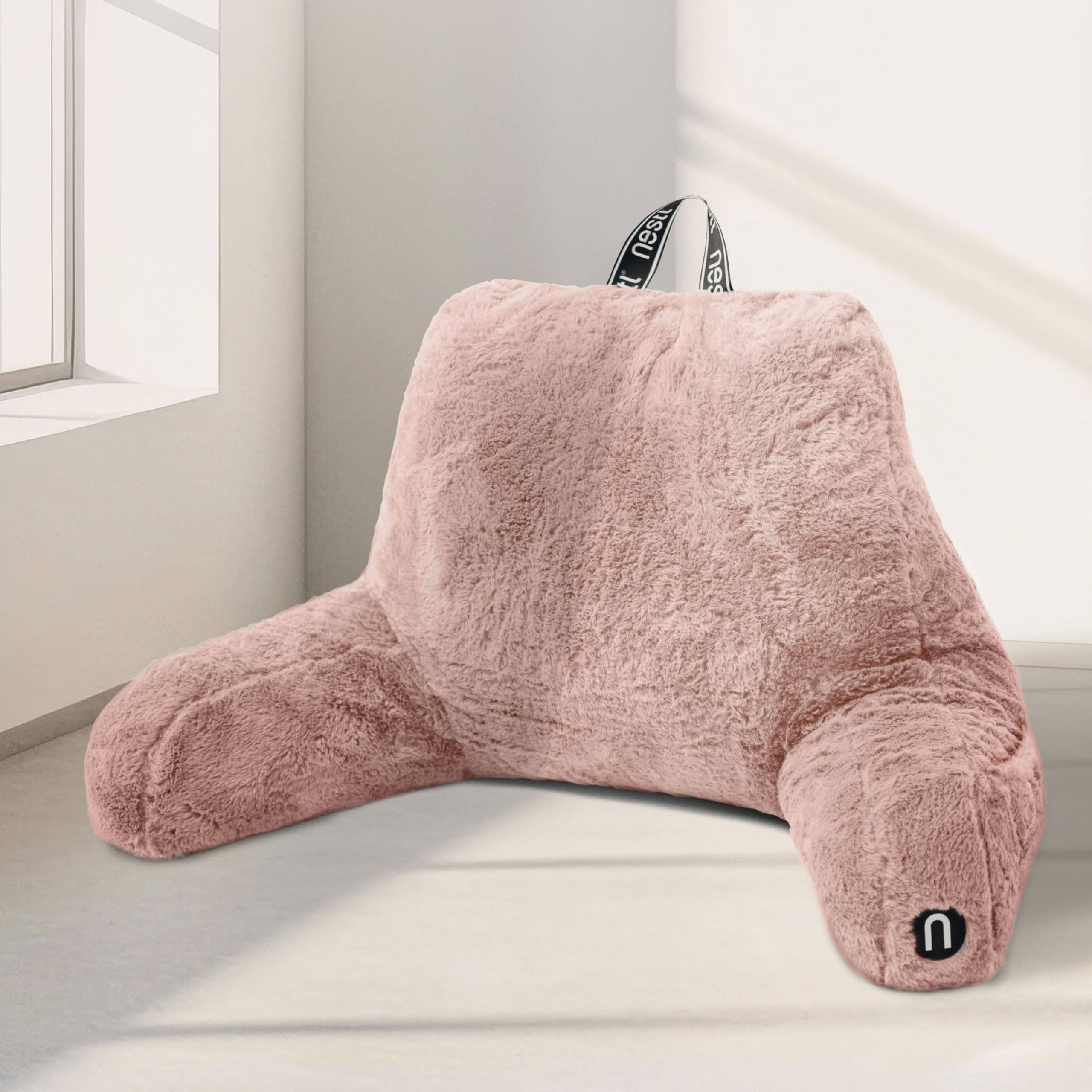 Nestl Fur Reading Pillow, Stylish Back Pillow for Bed Sitting Up, Faux Fur Bed Chair Pillow with Arms, Reading Pillows for Sitting in Bed Adult & Kids, Back Support Pillow for Bed Rest – Peach Beige