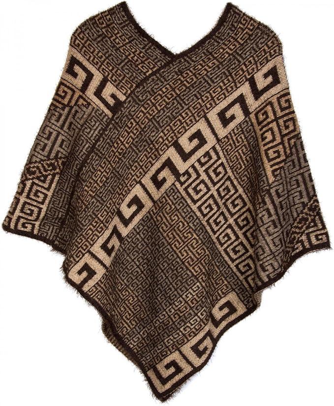 styleBREAKER Poncho mit Meander Ornament Muster, Weich und Fransig, V-Ausschnitt, Damen 08010037