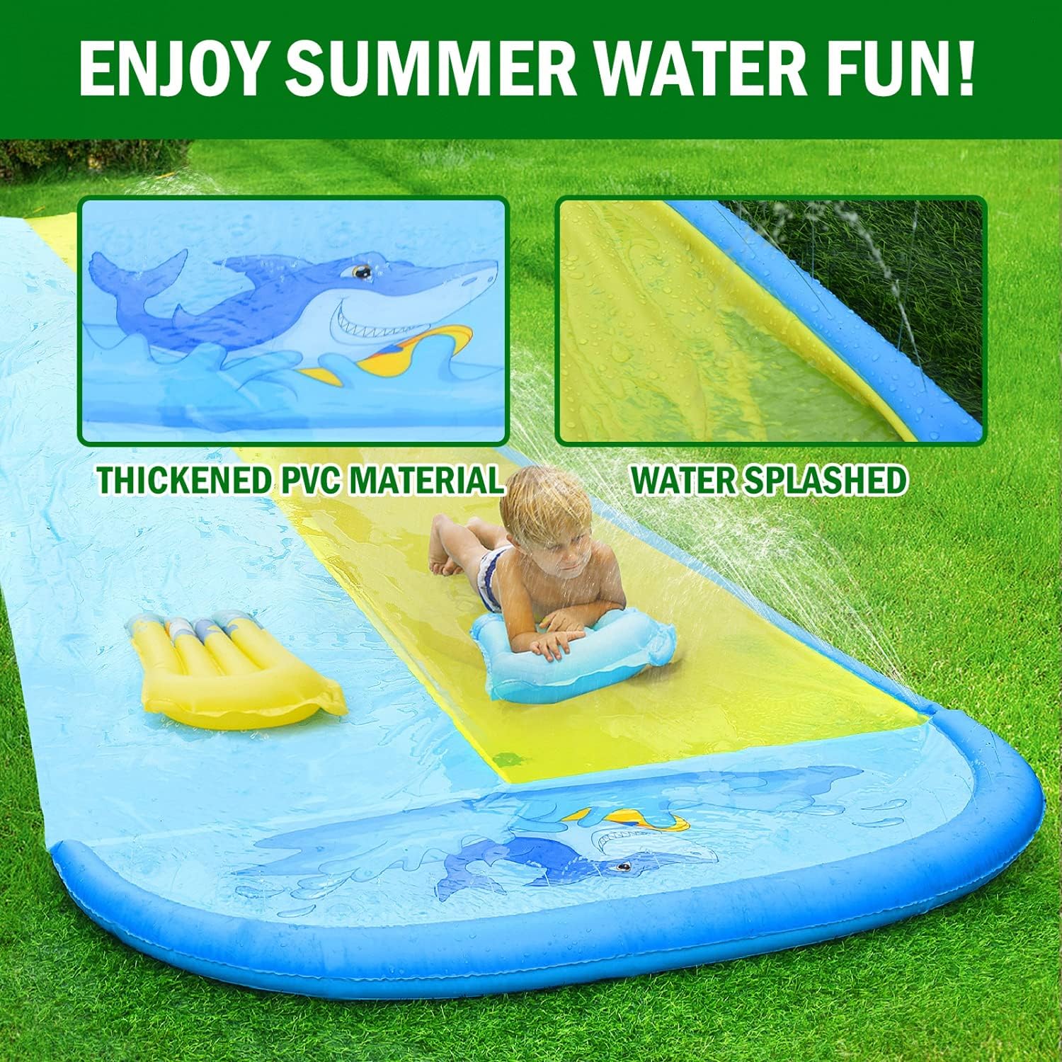 Pomeat 20ft x 62in Slip and Slide Water Slide with 2 Bodyboards, Shark Water Slip Slide for Kids with Sprinkler, Outdoor Summer Water Toy for Backyard, Lawn, Garden, Summer Water Party: Health & Personal Care