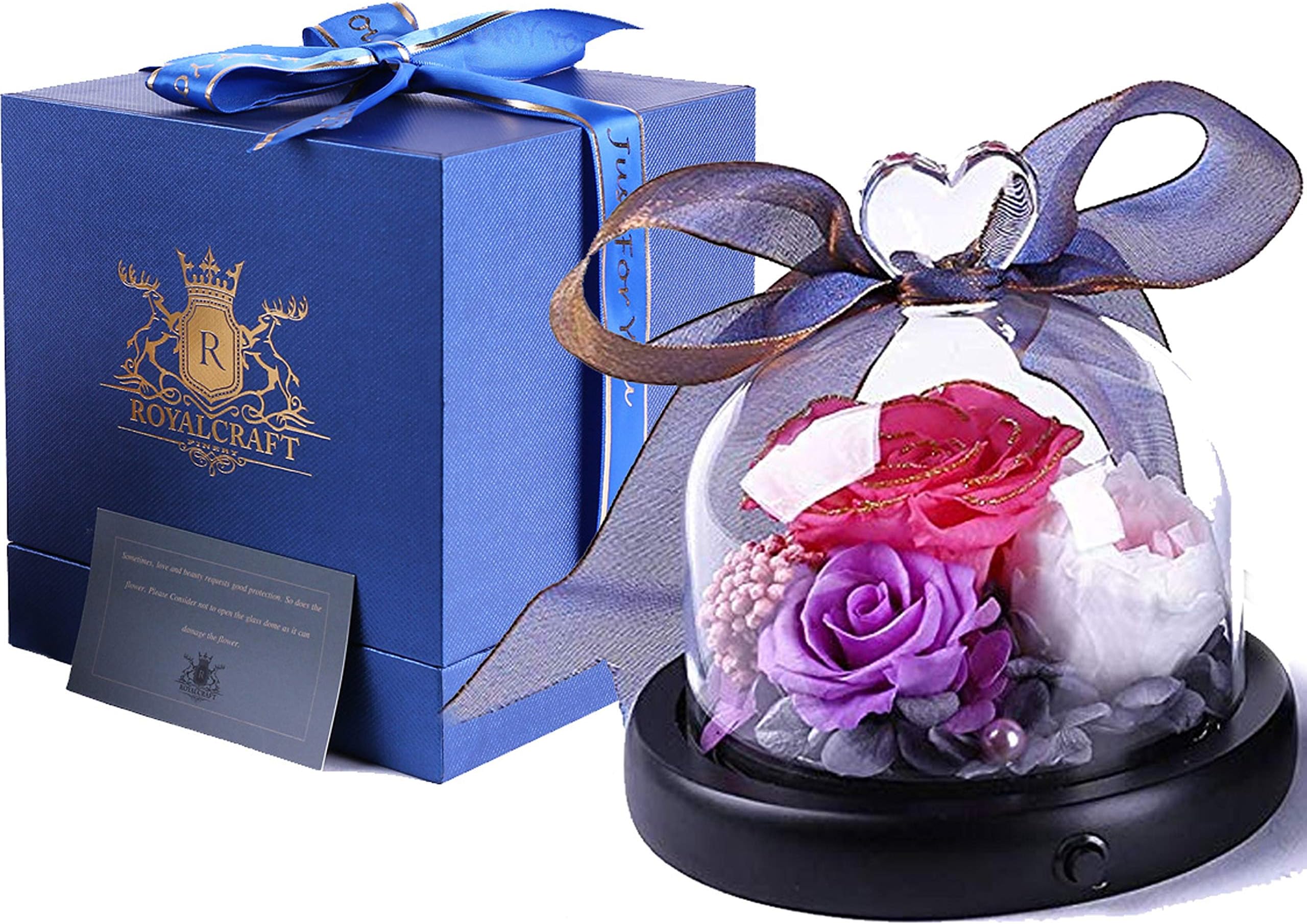 ROYALCRAFT FINERY 24K Handmade Flower Rose with Beautiful Heart Design Glass Dome with LED: a Gift for Valentine's Day Mother's Day Christmas Anniversary Birthday Thanksgiving Girls
