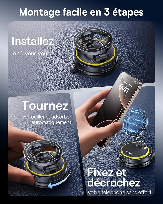 VC2 Flex Support Téléphone Voiture Magnétique à Ventouse, Support Magsafe Voiture pour Tableau de Bord et Pare-Brise, Réglable à 720° et Pliable pour iPhone 16 15 14 13 Pro Max