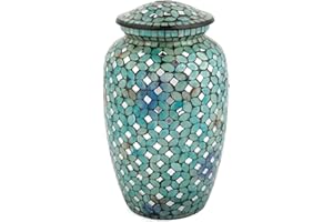 LILIANE MEMORIALS Mosaic Glass Cremation Urn - Hand Made Funeral Urn for Human Ashes - Large Adult Size Burial Urn - Hand Applied Individual Tiles Create a one of a Kind Work of Art - 200 cu in (Blue)