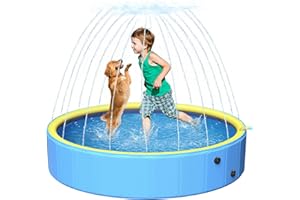 Yivsen Sturdy 47in Hard Plastic Anti-Slip Dog Pool, 2-in-1 Foldable Portable Kiddie/Kids Pool with Sprinkler, Swimming Puppy Pools for Summer Outdoor Backyard Activities