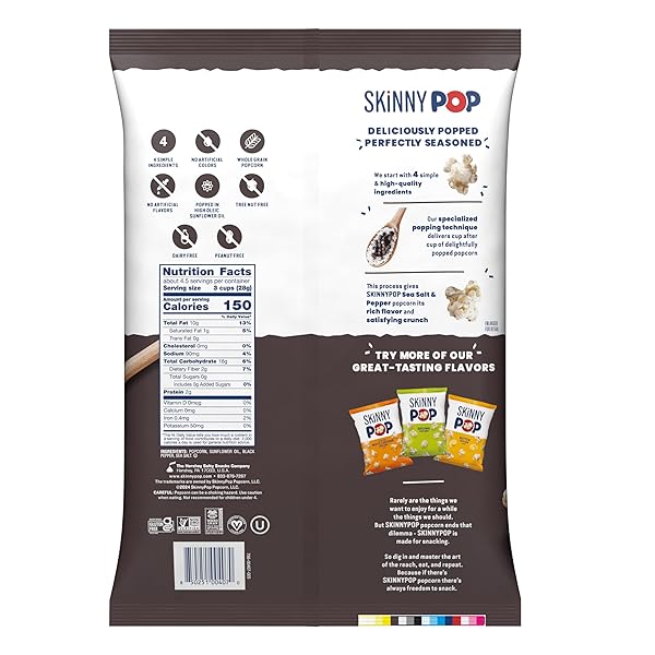 SKINNYPOP POPCORN, SEA SALT & PEPPER, WHOLE GRAIN, DAIRY-FREE SNACK, 4.4OZ BAG