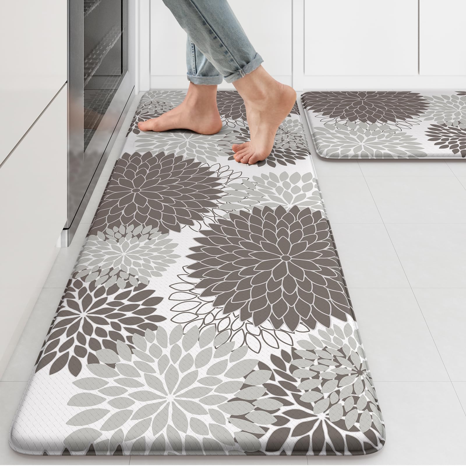 Photo 1 of Collive Anti Fatigue Kitchen Mat 2PCS,Boho Floral Kitchen Rugs Non Slip Rubber Backing, Waterproof Farmhouse Kitchen Mat for Floor,Cushioned Standing Mat for Office,Laundry,Sink,Desk,Grey