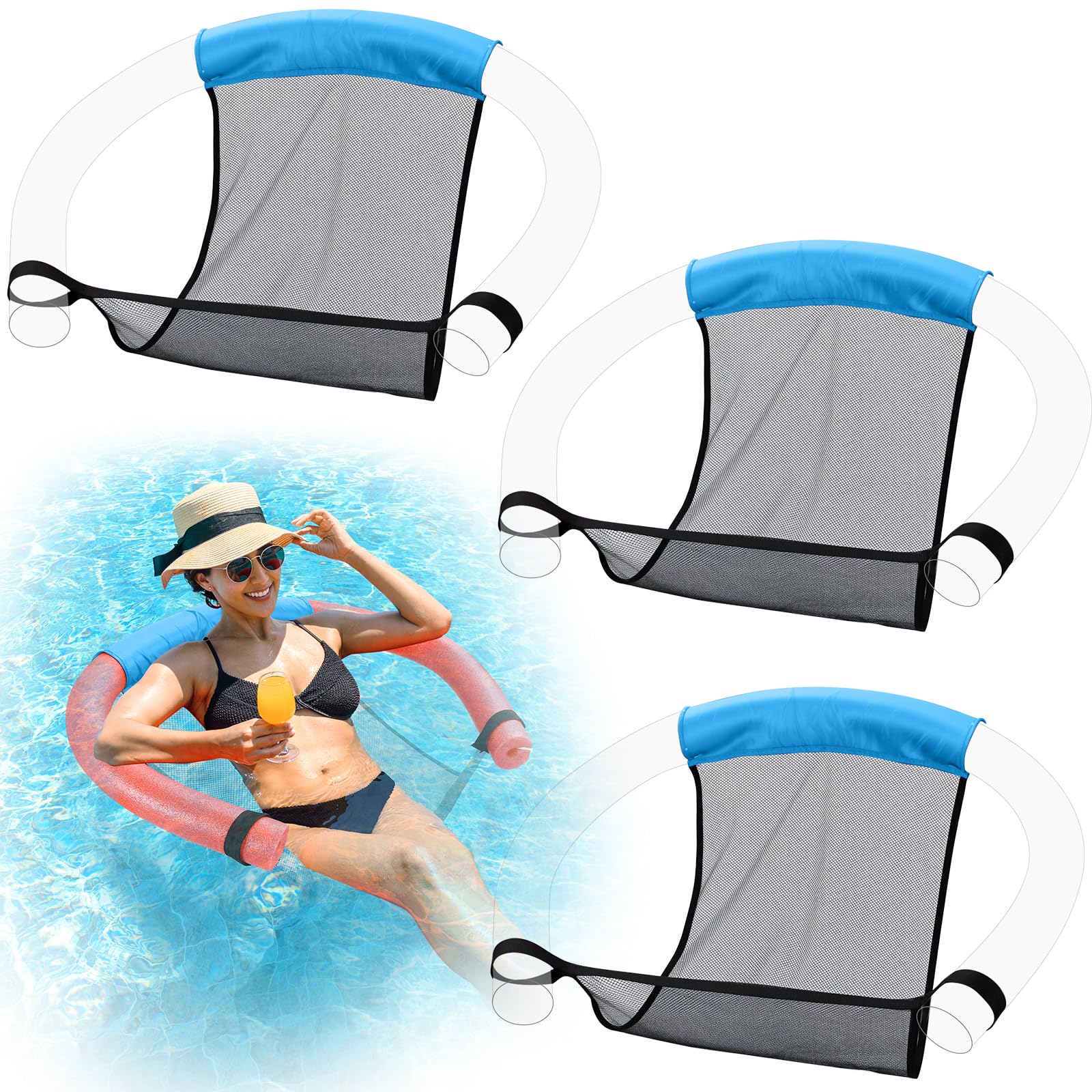 Photo 1 of Soulchen 3 Pcs Mesh Floating Pool Noodle Chair Slings Water Float Seat for Adults Summer Beach Toys Swimming Outdoor Party Accessories, Pool Noodle Not Included (Blue)