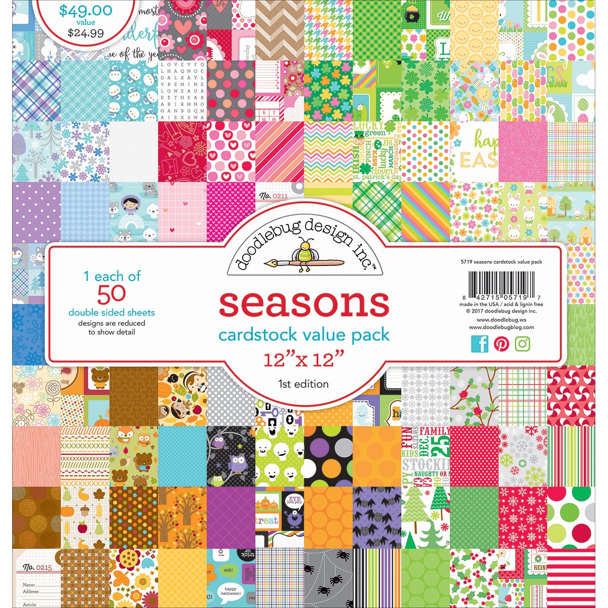 Doodlebug Value Kit Cardstock x 12inch 50/Pkg, Multicoloured, 31.75 x