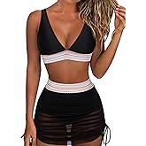 RXRXCOCO Mesh High Waisted Bikini Sets for Women Tummy Control Bathing Suits Color Block Two Piece Swimsuits with Skirt
