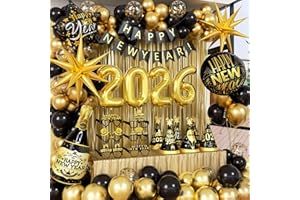 SARATIMTOU Happy New Year Decorations 2026 with Black and Gold Balloons 2026 Number Balloons New Year Banner Fringe Backdrop New Years Eve Glasses Hats for New Years Eve Party Supplies Nye Decorations