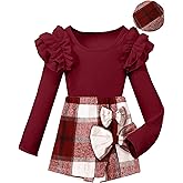 Hevemexy Girls Clothes Ruffle Sleeve T-shirt Top and Bowtie Plaid Skort Set with Hat 3PCS Girls Fall Outfits 5-14 Years