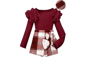 Hevemexy Girls Clothes Ruffle Sleeve T-shirt Top and Bowtie Plaid Skort Set with Hat 3PCS Girls Fall Outfits 5-14 Years