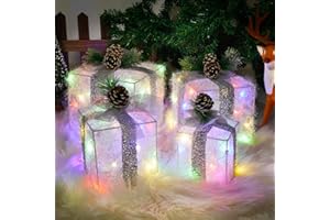 COVFEVER Christmas Lighted Gift Boxes, Pre-lit Lights Gift Boxes Set of 4, Light up Present Boxes Set Battery Operated with Different Sizes for Holiday Indoor Outdoor Decorations(Multi-Colored)