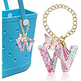 HLUWA Letter Keychains Charms for Bogg Bag, Pink Sequin Decorative Letter Accessories Charms for Simply Southern Bag.