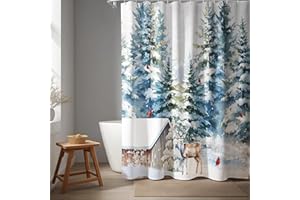 Vorhomness Christmas Deer Shower Curtain with Cardinal Birds and Snow Cottage – Winter Forest Snow Scene Bath Curtain, Waterproof Polyester Holiday Bathroom Décor, 72×72 in