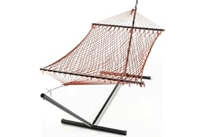 PNAEUT Double Hammock with Stand for Outside, Rope Hammocks with Hardwood Spreader Bar 2 Person, 12ft Heavy Duty Stand, Extra Pillow, Max 475 lbs Capacity (Coffee)