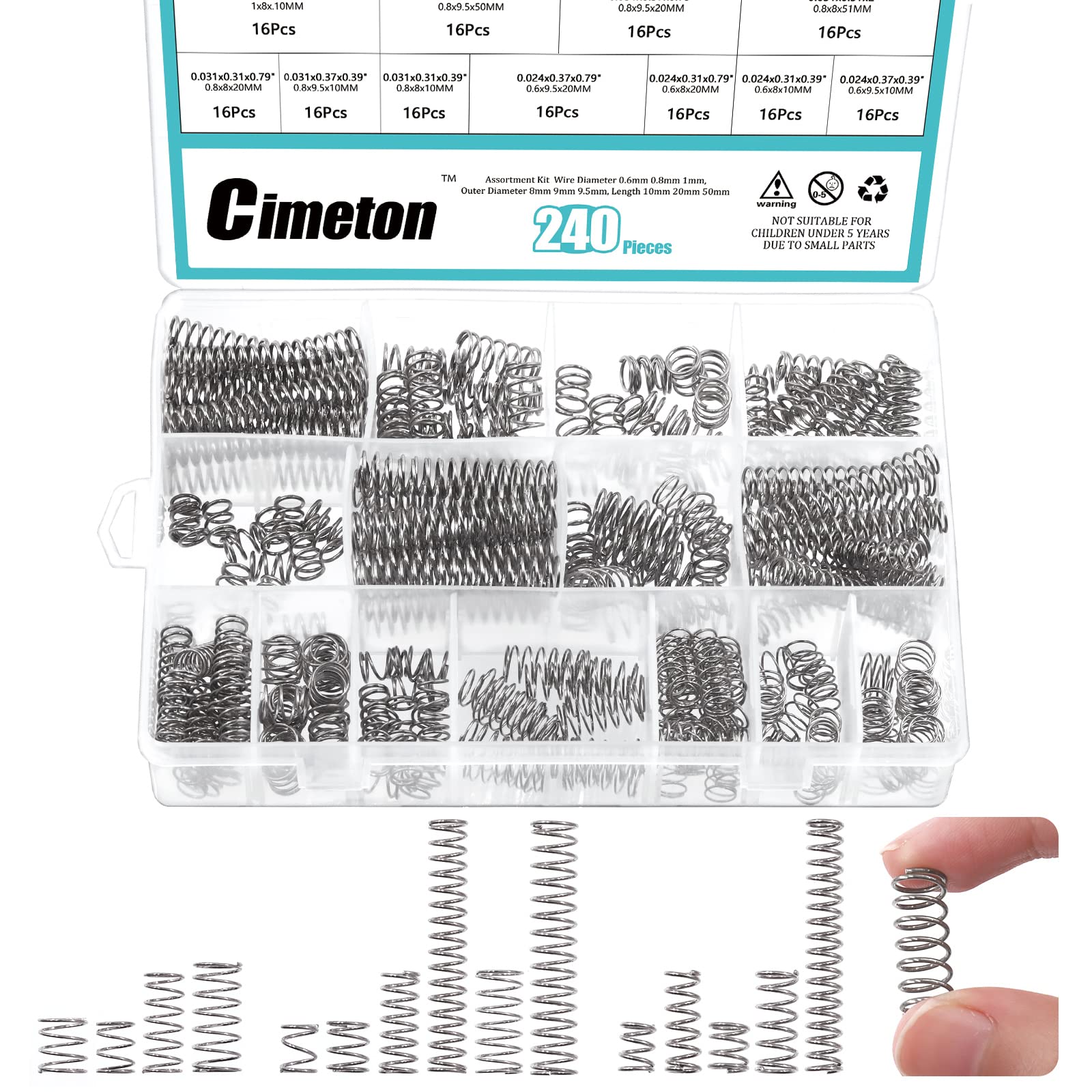Cimeton 240Pcs 15Sizes Compression Springs Assortment Kit Stainless Steel Compression and Extension Springs for Home Repairs and DIY Projects (Bigger Sizes Kit)