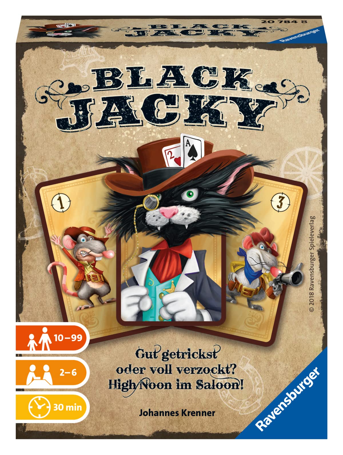 Ravensburger 20784 - Black Jacky, Bluffes, from 10 years, card game for 2-6 players, board game in saloon, card tricks