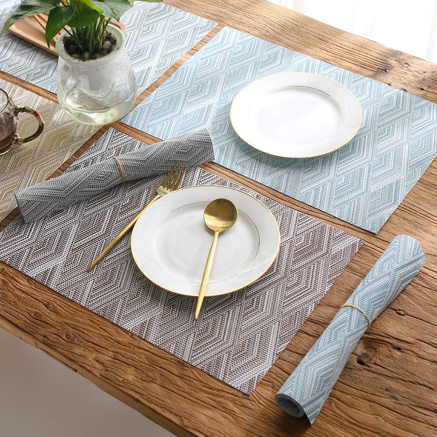 Fanciher 6PCS Placemats, 3D Wave Jacquard PVC Place mats Heat-Resistant Stain Resistant Anti-Skid Table Durable Cross Weave Mats for Dining Table (Blue): Home & Kitchen