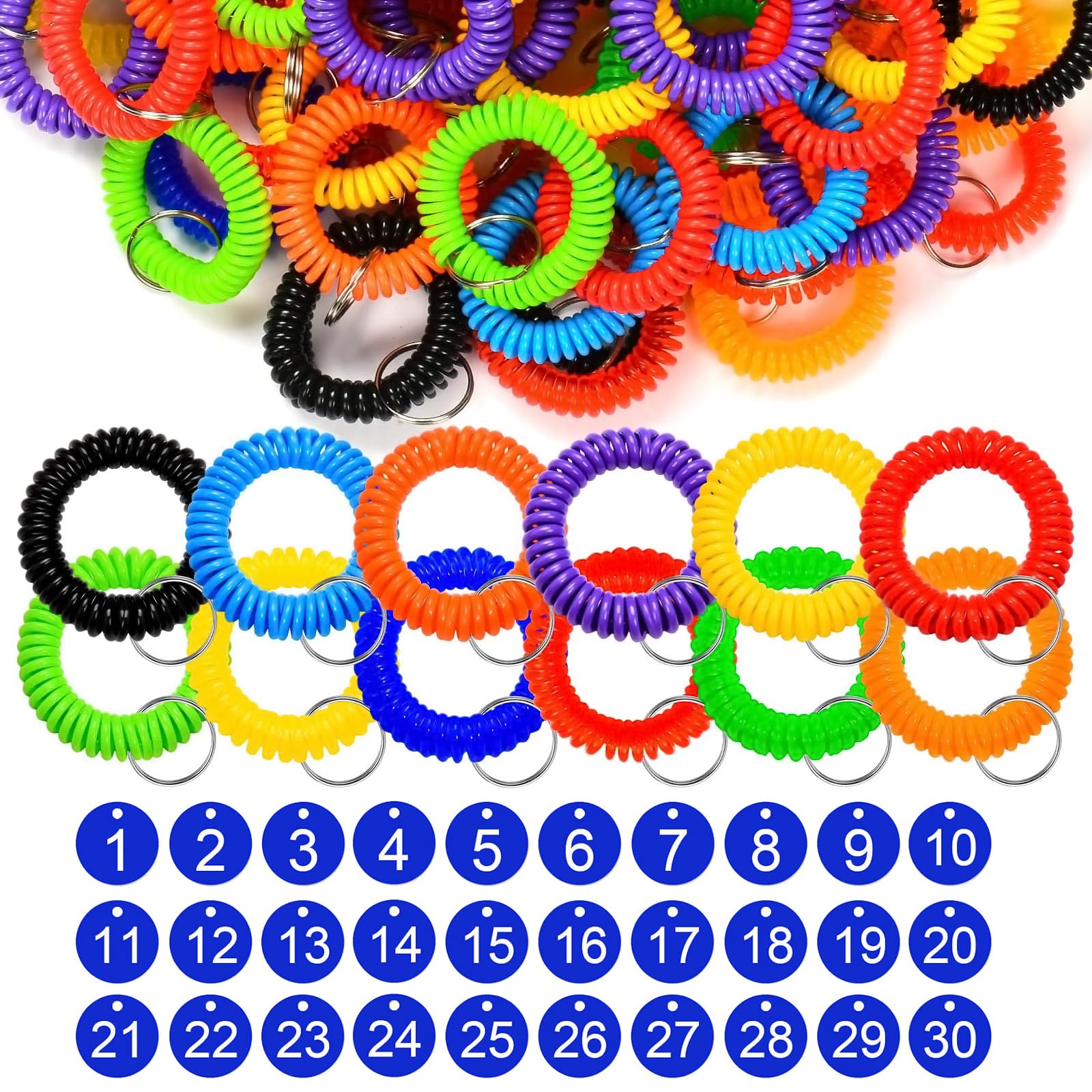 Lahviuu Stretchable Wristlet Keychain,30 pcs Wrist Coil Key chain with 30 pcs Plastic Numbered Discs,Key Ring Spiral Keyring Wristbands Wrist Keychain,for Office, Workshop, Shopping Mall