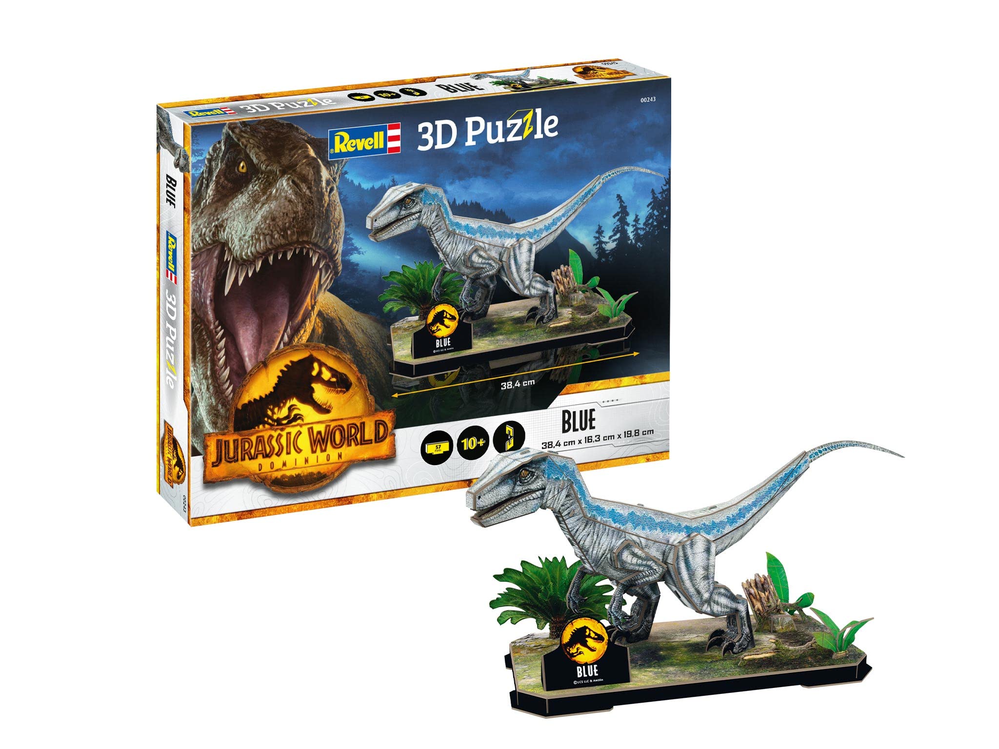 Revell 3D Puzzle 00243 Jurassic World Dominion - Blue 57 Pieces, Highly Detailed, With Diorama Base, 38cm in length, Fun & Easy To Build