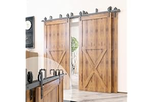 Homacer Black Rustic Double Track U-Shape Bypass Sliding Barn Door Hardware Kit, for Three Doors, 12ft Long Flat Track, Spoke