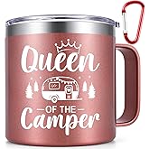 Qtencas Camper Gifts, Camping Gifts for Women, Queen of the Camper Coffee Mug, Stainless Steel Mug, RV Camper Mug for Outdoors, Picnic, Camping, Birthday Christmas Gifts for Camper, 14oz Rose Gold