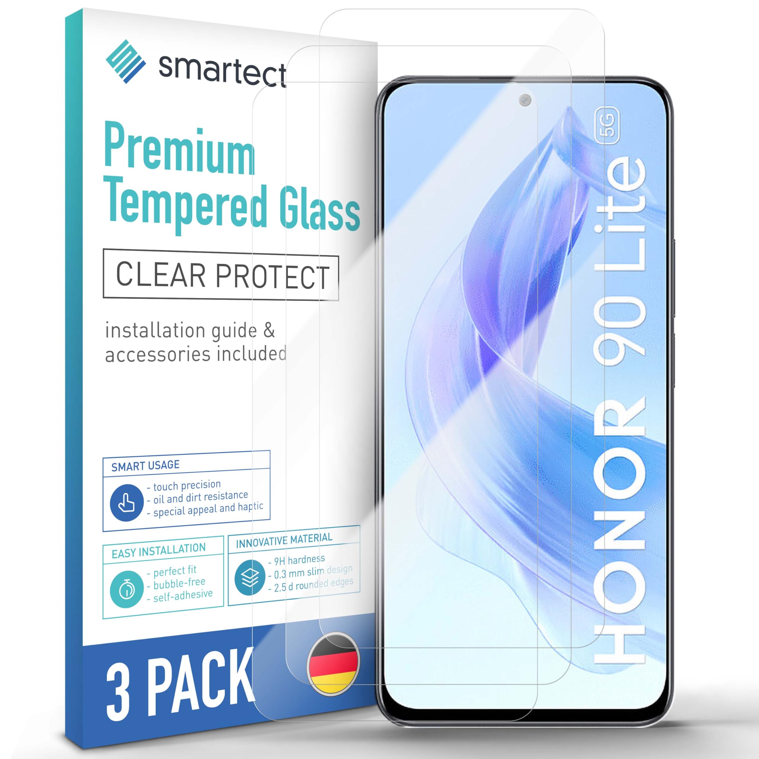 smartect Glass Screen Protector [3 Pieces, Ultra-Clear] for Honor 90 Lite, HD Protective Film Anti Scratch, Bubble Free, 9H Hardness, Ultra Resistant