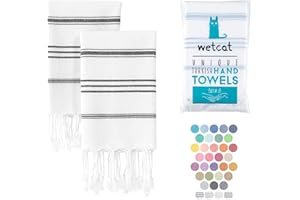 WETCAT Turkish Hand Towels with Hanging Loop, Set of 2 (20" x 30") 100% Turkish Cotton, Pre-Washed, Quick Drying, for Kitchen or Bathroom - Black & White