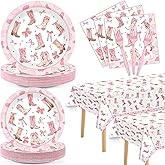 98pcs Western Cowgirl Party Supplies Coquette Bow Cowgirl Plates and Napkins Disposable Pink Bow Tablecloth Western Rodeo Tableware Set for Bachelorette Birthday Baby Shower Party Decor Serve 24