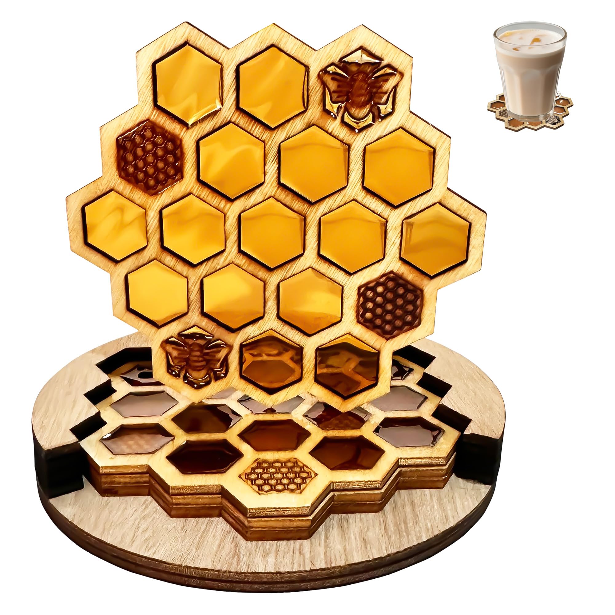 CAIRIAC Wooden Coasters Honeycomb Drink Coaster Bee Coasters Set with ...