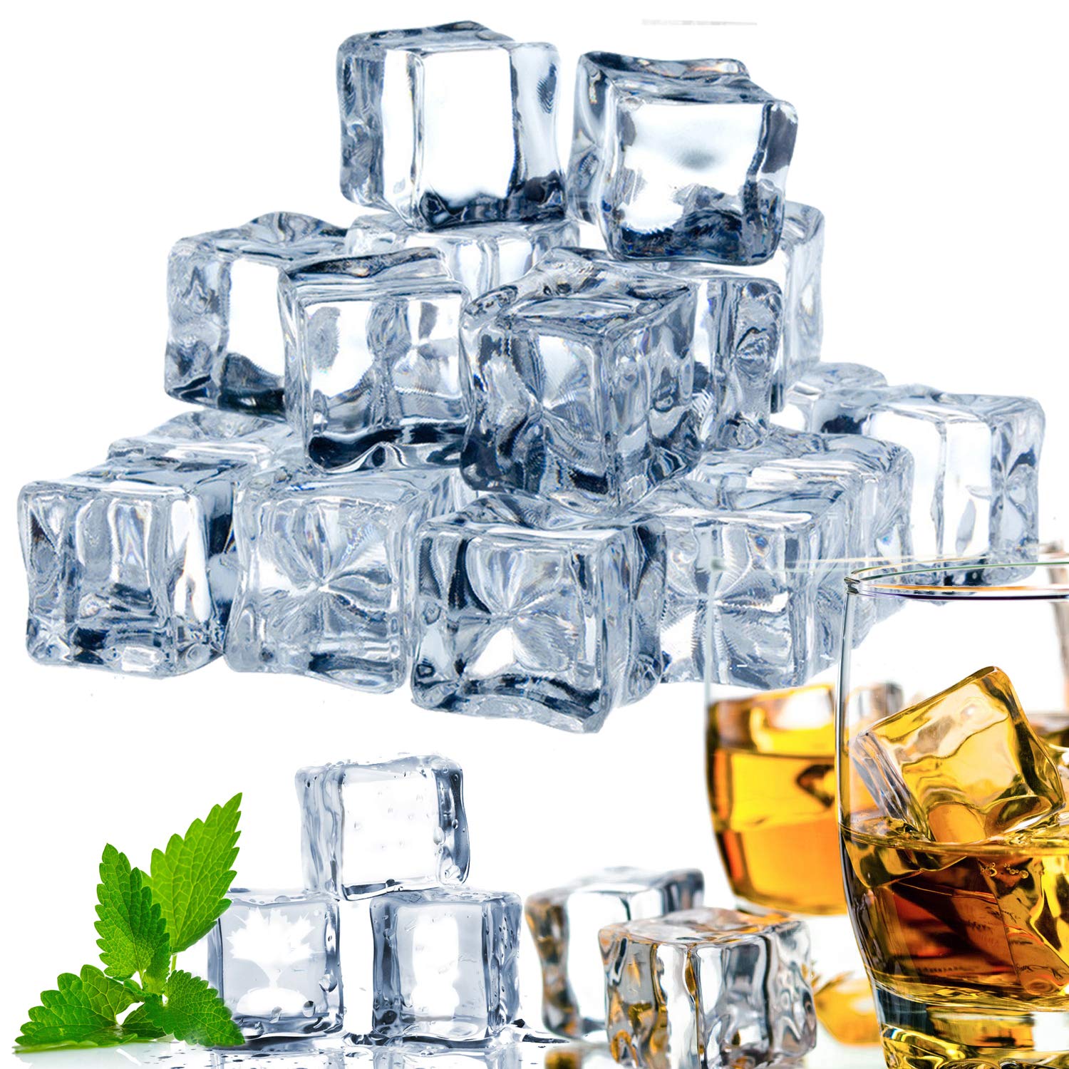 GZLCEU 70 Pcs Reusable Ice Cubes, Artificial Acrylic Plastic Clear Fake Ice Cubes for Home Decoration Wedding Display Vase Fillers（20mm 25mm）