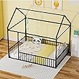 LLS Full Floor Bed, Metal Montessori Bed with Fence, House Bed Frame for Boys Girls Bedroom, Black(Without Slat)