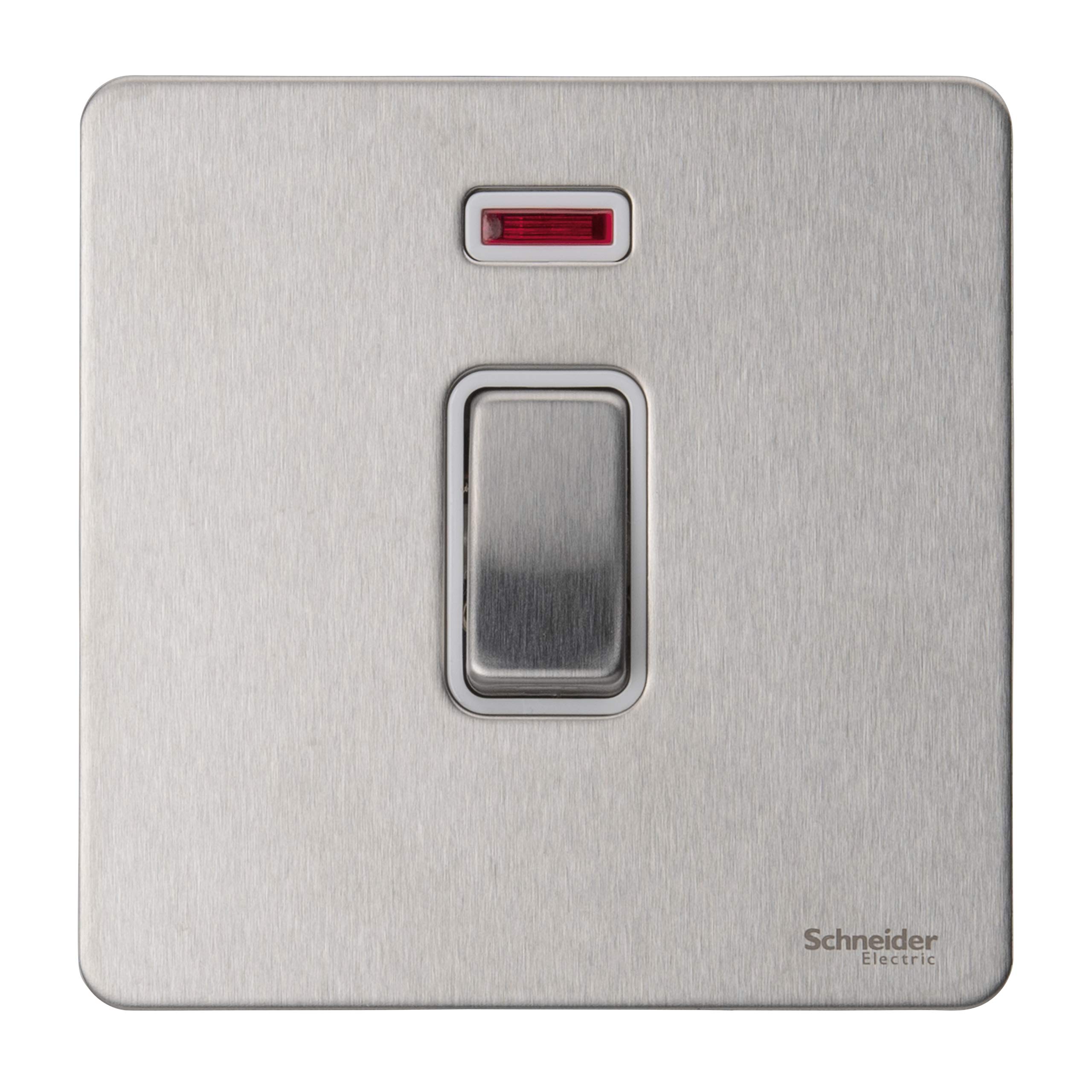 Schneider Electric Ultimate Screwless Flat Plate - Single Light Switch with Neon Indicator, Double Pole, 32A, GU4431WSS, Stainless Steel with White Insert — image 1