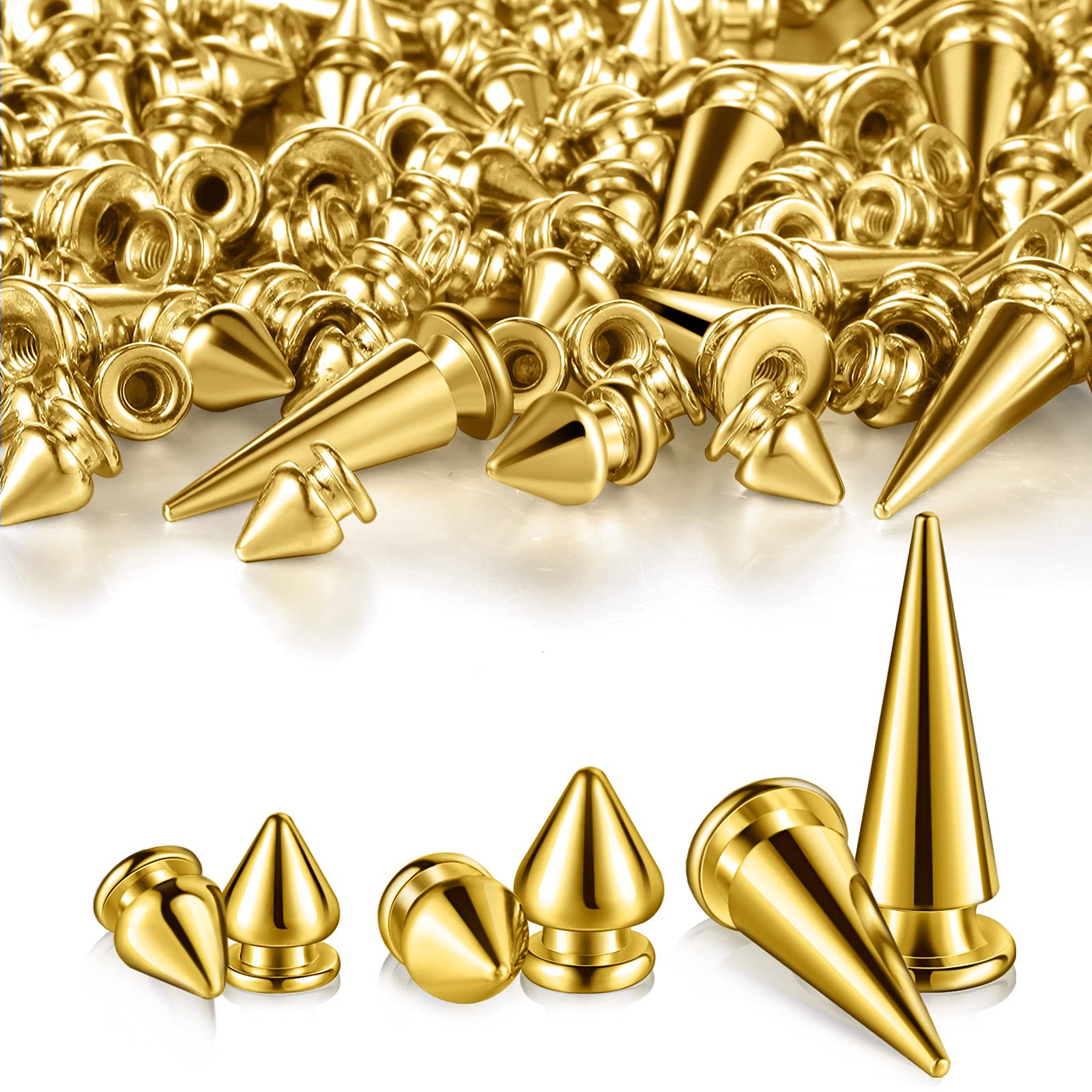 Photo 1 of 170 Pieces Multiple Sizes Cone Spikes Screwback Studs Rivets Large Medium Small Metal Tree Spikes Studs for Punk Style Clothing Accessories DIY Craft Decoration (Golden)