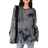 Milumia Women's Tie Dye Long Sleeve Mesh Sheer Oversized Tee Drop Shoulder T Shirts