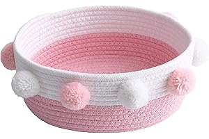 RengaoRise Small Pink Basket with Pom Pom, 10.6" x 9.8" x 4.3" Cute Woven Oval Decorative Basket for Baby Girl, Women,Empty Gift Basket to Fill for Valentine's Day, Baby Shower, Easter, Wedding
