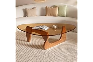DESYIFO Small Coffee Table Modern Glass Coffee Table, Mid Century Coffee Table for Living Room, Mesa de Centro para Sala, Rustic Oval Coffee Table with Glass Top & Wood Base, (Walnut Brown, 31.5in)