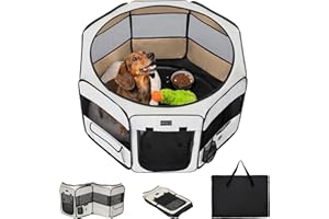 PETSFIT Portable Dog Playpen,36" Dog Play Pen Indoors with Removable Waterproof Mat & Zippered Roof | RV, Camping, Travel Dog Pen | Whelping & Cat Observation Space(36" L x 36" W x 21" H)