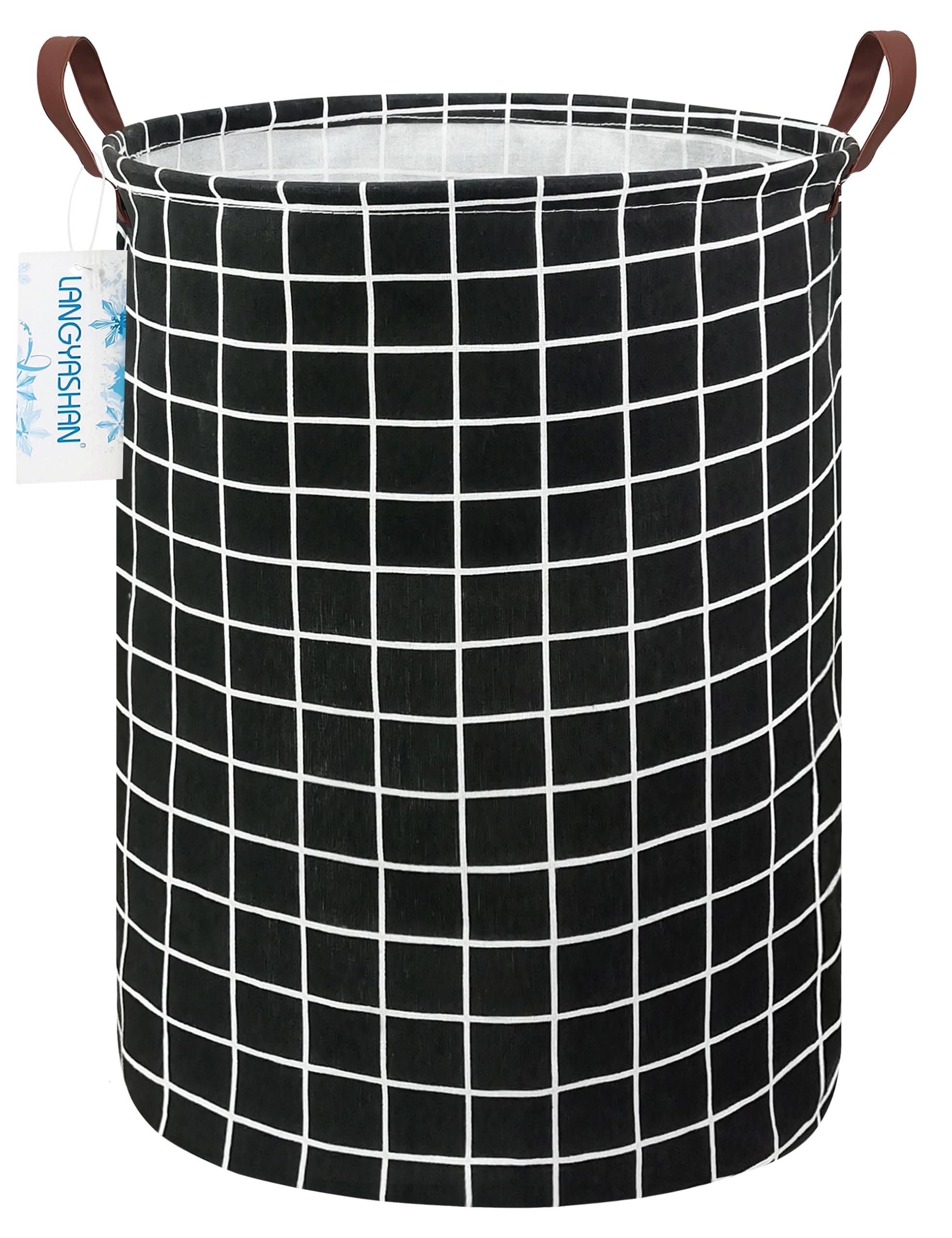 FUNNYGO Large Storage Bin,Ramie Cotton/Canvas Fabric Folding Storage Basket with Handles- Toy Box/Toy Storage/Toy Organizer for Boys and Girls - Laundry Basket/Nursery Hamper (Black Grid)