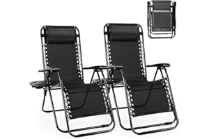 Smug Zero Gravity Chair Set of 2, Outdoor Lounge Chairs, Portable Folding Reclining Camping Chair with Adjustable Pillow & Cup Holder Trays for Patio Garden Lawn Beach - Black