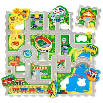 City Puzzlematte für Kinder 1,2x1,2m | 16 Schaumstoffplatten mit Straßen und Fahrzeuge in einer Aufbewahrungstasche | +20% di