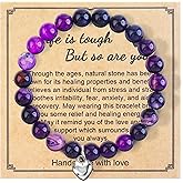 ZLLOO Natural Stone Bracelet for Women Pink Ribbon Awareness Handmade Beaded Encouragement Gift with Message Card