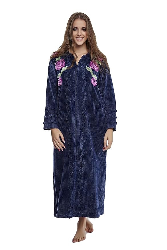 House of Chenille Floral Rose Embroidered Chenille Zipper Robe