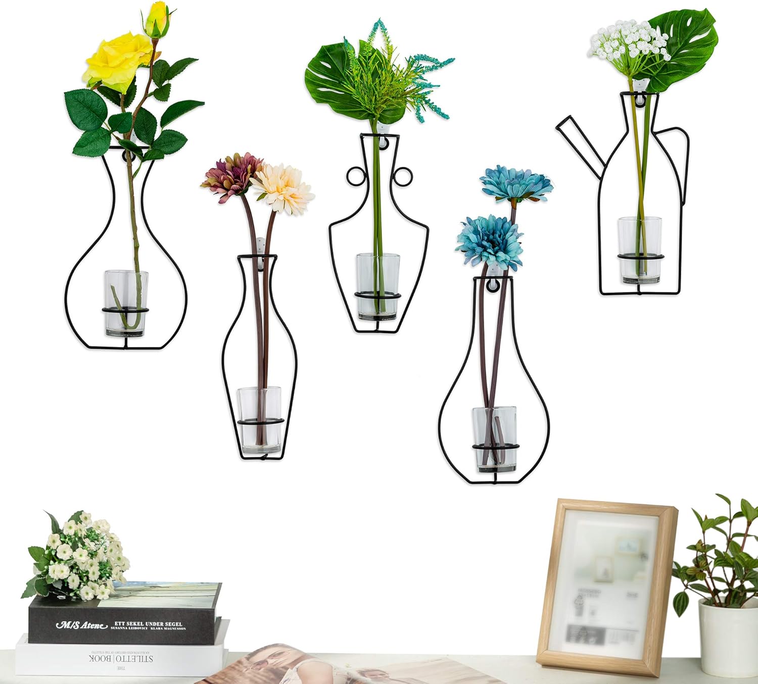 Nuptio Set of 5 Creative Desktop Planter Set with Glass Cup Vases Iron Metal Stand for Water Planting Flower Arrangement Decoration Gift for Home Wedding Centerpieces Décor (5 Pcs)