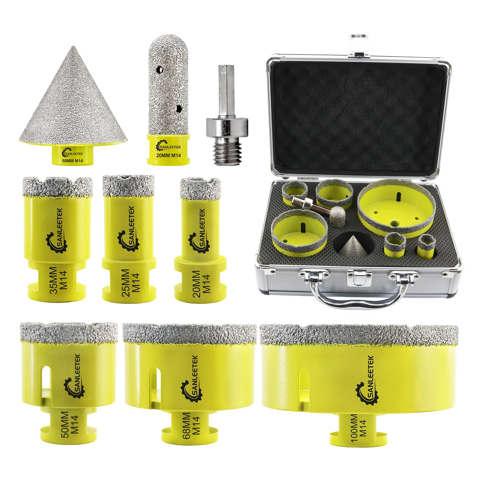 SANLEETEK Tile Hole Saw Kit - Diamond Core Drill Bits Set 9pcs (20/25/35/50/68/100mm+20mm Finger Bit+50mm Beveling Chamfer Bit+Hex Adapter) for Porcelain Tile Ceramic Marble Granite with M14 Thread — image 1