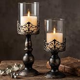 Sziqiqi Black Pillar Candle Holders: Gothic Metal Hurricane Candle Holders | with Glass Shield, Set of 2, Vintage Distressed Black Decor, for Halloween Table Centerpieces, Dining Table, Mantel