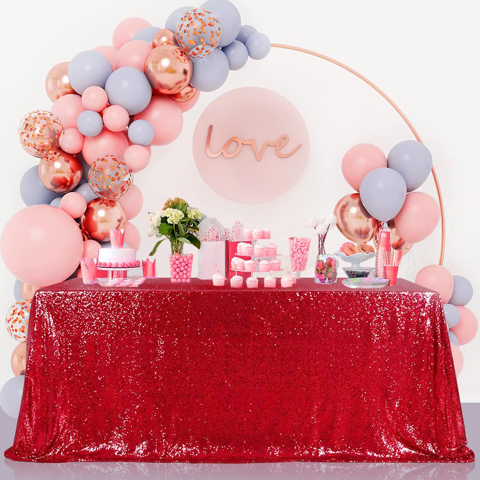 B-COOL Red Sequin Tablecloth 90x132-Inch Seamless Tablecloths Sequined Fabric Rectangle Overlays for Birthday Party Evening Decor