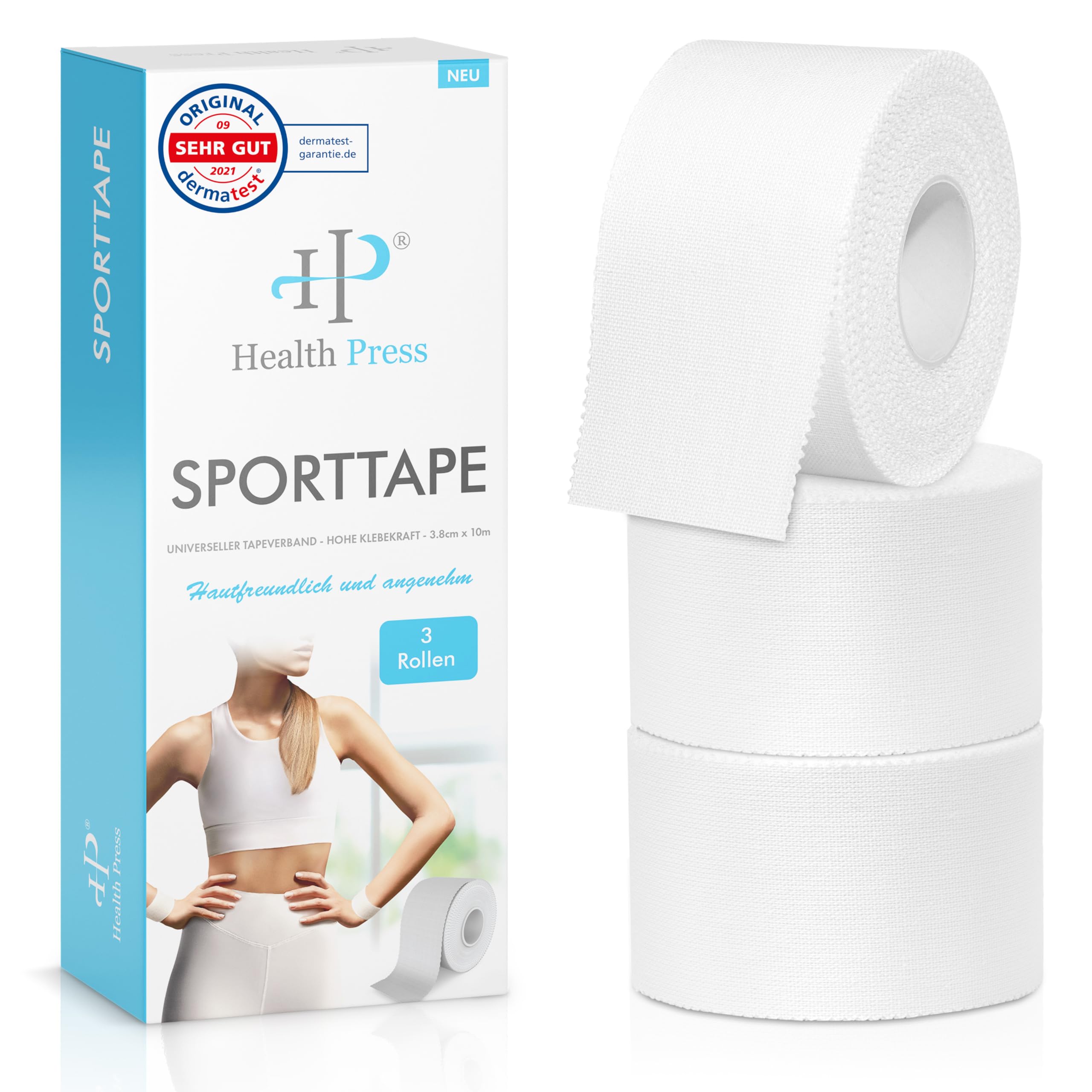 Health Press® Sport Tape - 3 Rolls (3.8 cm x 10 m) | Tearable Professional Sport Tape - White Athletic Tape for Joints, Muscles, and Ligaments | Medical Athletic Tape for All Sports
