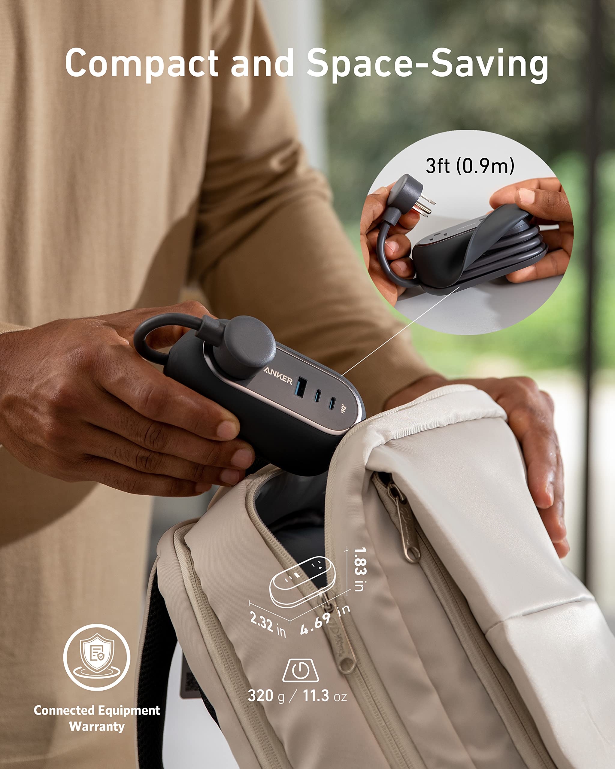 Anker GaNPrime 65W Charging Station, 3ft, 615 USB-C 5-in-1 Power Strip for Travel and Work with 2AC, 2 USB-C, 1 USB-A, Power Delivery for iPhone 16/16 Plus/16 Pro/16 Pro Max, and More