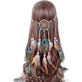 AWAYTR Boho Dreamcatcher Headdress Peacock Feather Headwear Headpiece Festival Hair Band (Brown)